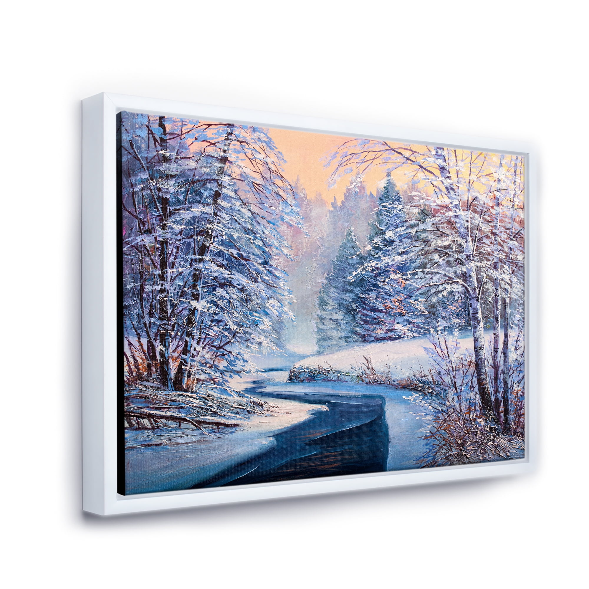 Designart 'Pastel Winter Forest With River' Lake House Framed Canvas Wall Art Print