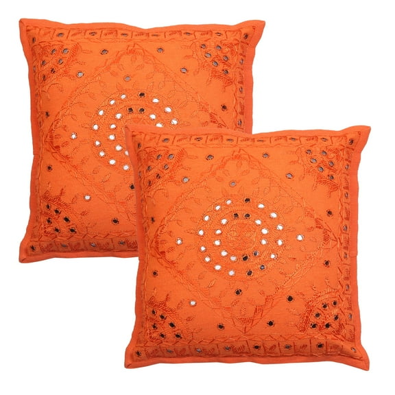 Stylo Culture Ethnic Chair Seat Throw Pillow Covers 16x16 Hand Embroidered Orange Boho 40x40 cm Home Decor Cotton Mirrored Square Cushion Covers | Set Of 2