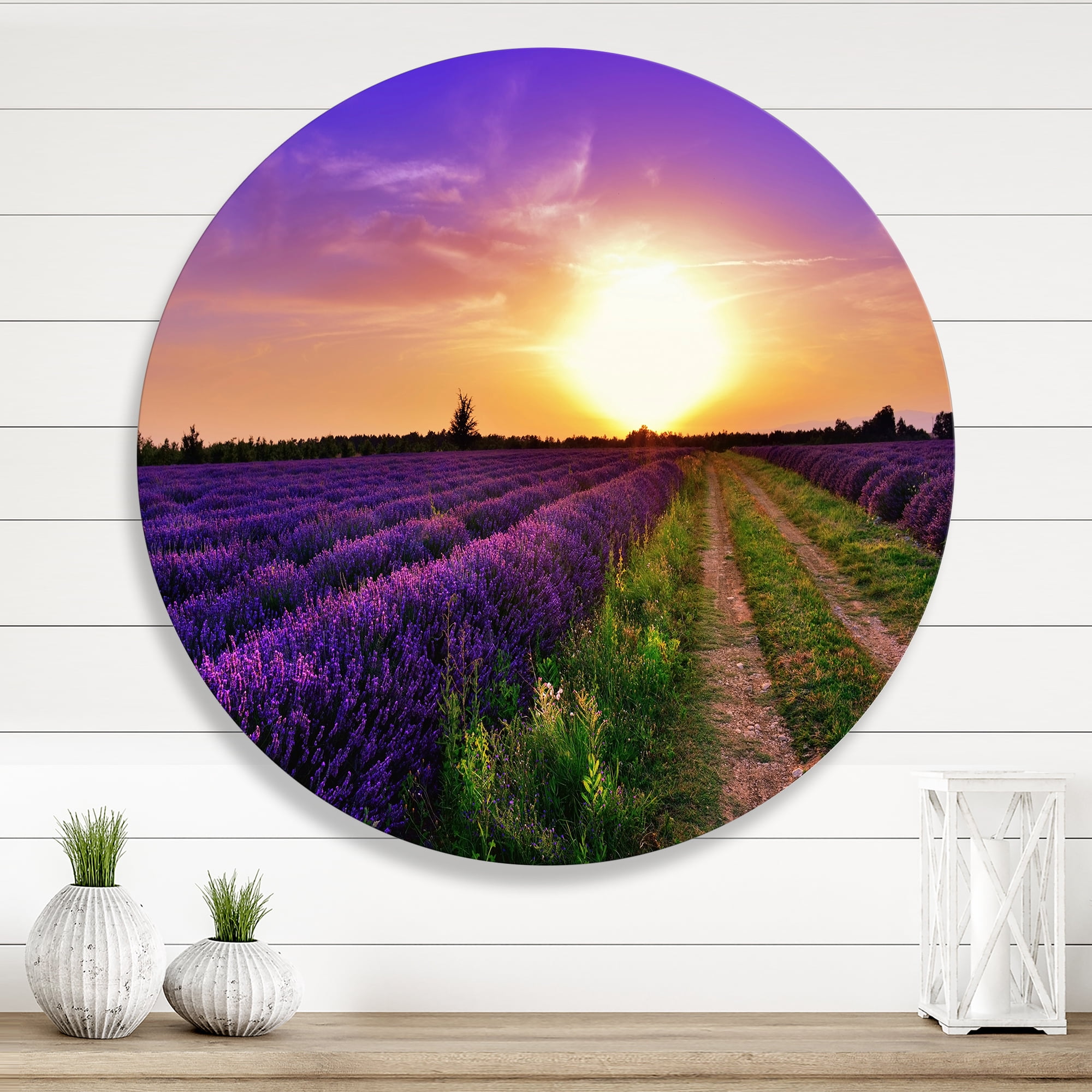 Designart 'Lavender Field At Sunrise II' Farmhouse Circle Metal Wall Art 11x11 - Disc of 11