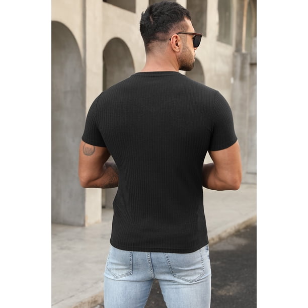ABPHQTO Camiseta de punto acanalado con cuello en V de hombre de color negro