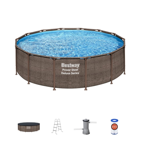 Bestway Power Steel 14’x42” Metal Frame Above Ground Pool w/ Pump, Ladder, & Cover, Brown