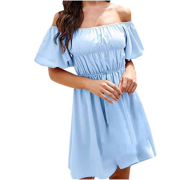 Vestido de verano de manga corta con hombros descubiertos y un solo hombro para mujer Pompotops ghjkhdj15896