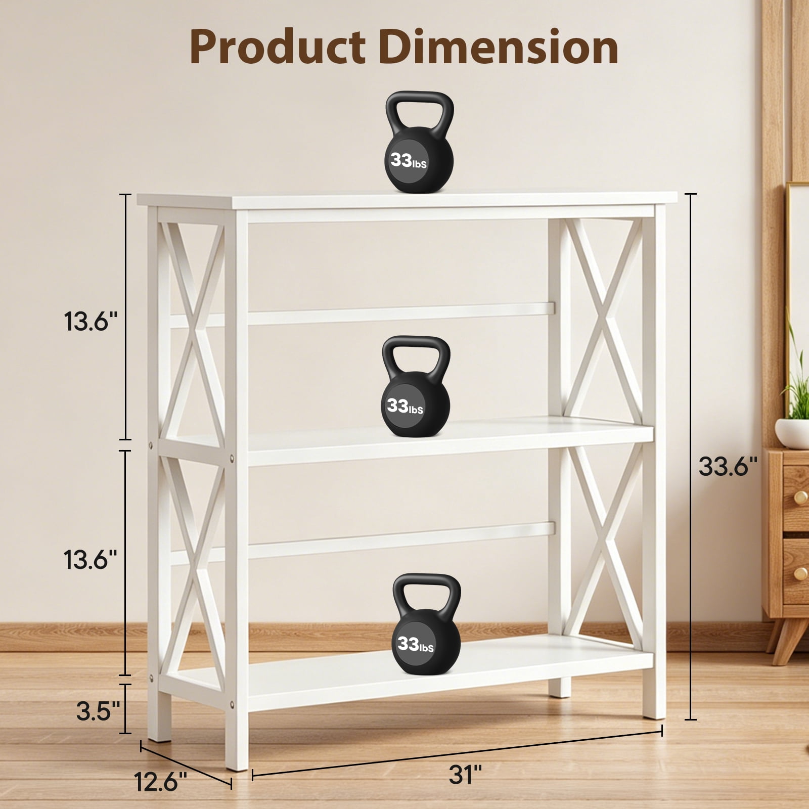 edx 3-Tier Metal Wall Mounted Bookshelf, Drill-Free Open Bookcase for Home Office/Study, Matte Finish Storage Shelves, White