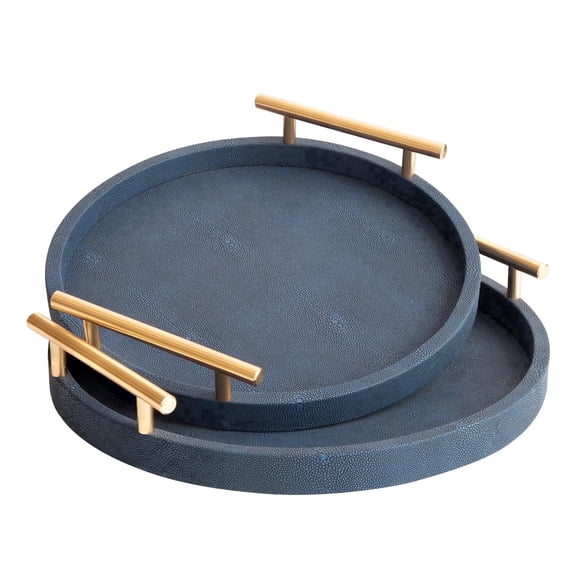 MODE HOME Set of 2 Modern Blue Round Shagreen Serving Tray with Gold Metal Handles, Decorative Coffee Table Ottoman Trays for Living Room
