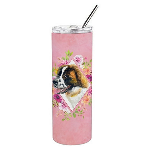 Carolines Treasures CK4187TBL20 Saint Bernard Design2 Pink Flowers Stainless Steel 20 oz Skinny Tumbler 20 oz multicolor
