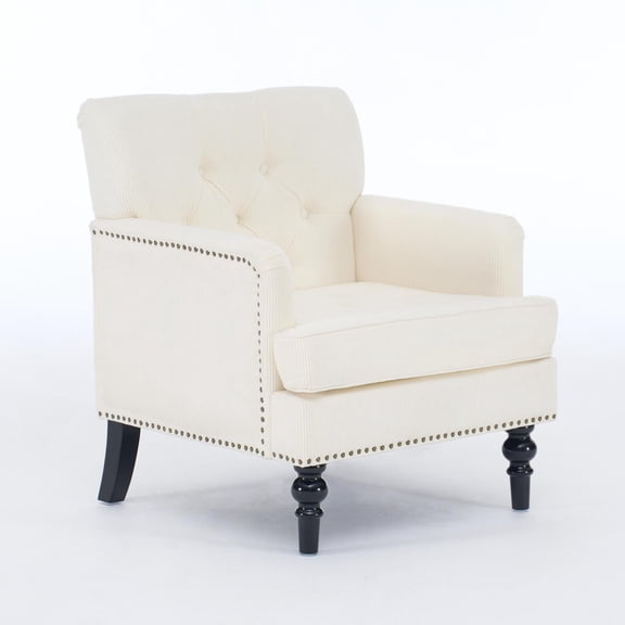 Tufted Club Chair, Accent Chair, Upholstered Button Armchair, Linen Fabric Corduroy Sofa Chairs for Bedroom, Living Room, Mid Century Modern with Studded Reading Chair Beige