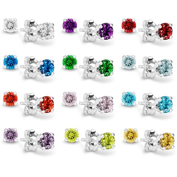HarperCrown 12 Pcs Pack Birthstone Stud Earrings 4 mm 925 Sterling Silver with Cubic