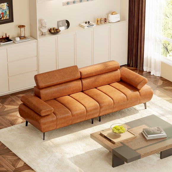 Modern 3-Seater PU Leather Futon Sofa Bed - Convertible Couch with 6-Position Adjustable Headrest & Armrests - Split-Back Sleeper for Living Room, Bedroom, or Office - Color: Brown
