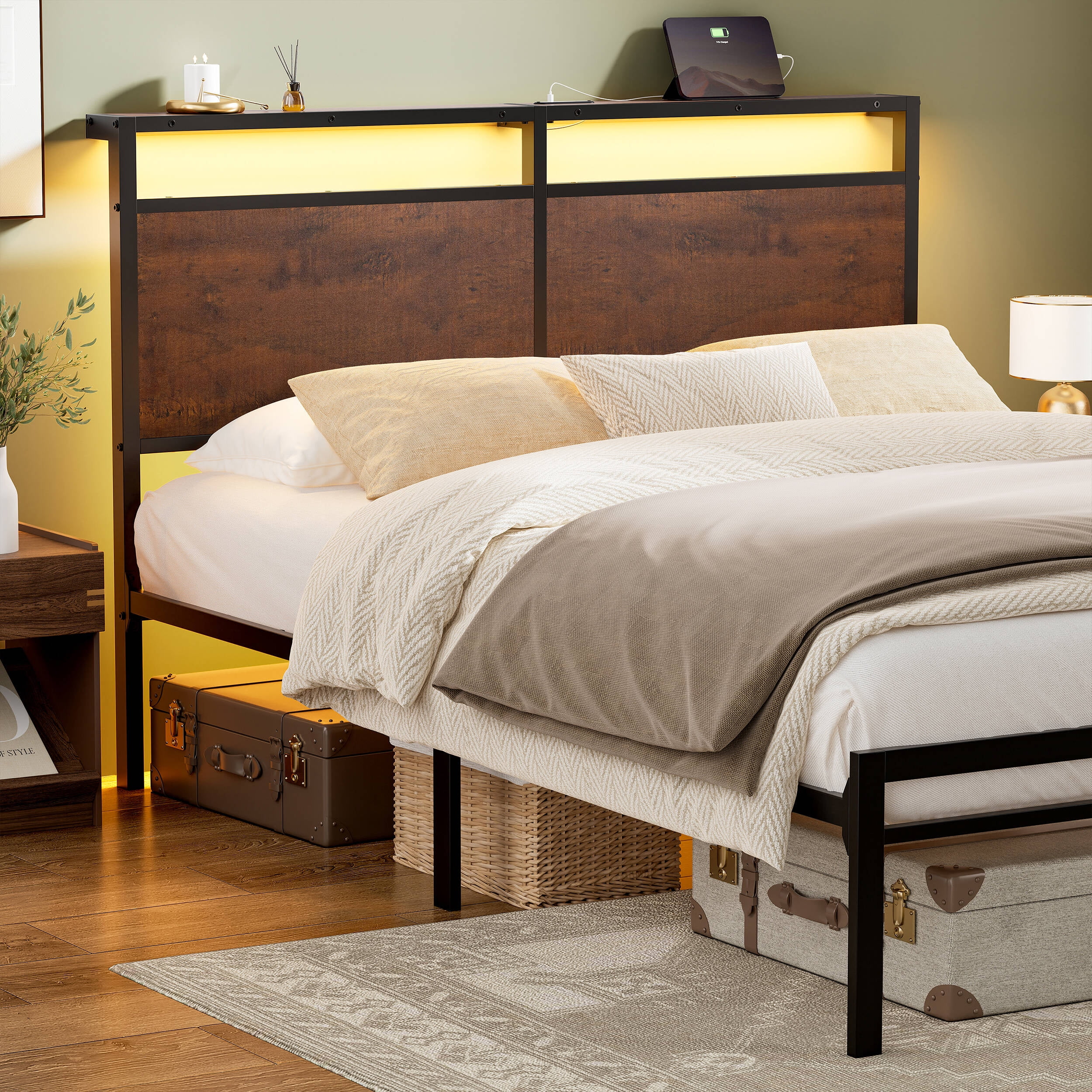 GUNAITO Queen Bed Frame with Headboard Metal Platform Bed with LED Lights and Charging Station, Rustic Brown