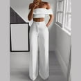 thumbnail image 2 of Fall Linen Pant Sets Women 2 Piece Outfits Womens Sets 2 Piece Outfits Fall Women'S Spring/Summer Solid One-Line Shoulder Ruffled Short Sleeve Floor-Length Pocket Pantsuit, 2 of 6