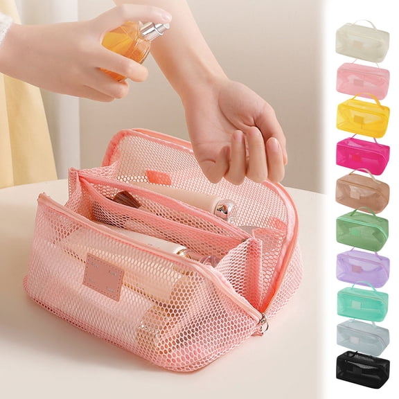 Dongrere Mesh Makeup Bag, Multi Pocket Lightweight Travel Cosmetic Organizer Pouch, Large Capacity Cosmetic Bag for Women Outdoor Use, Pink