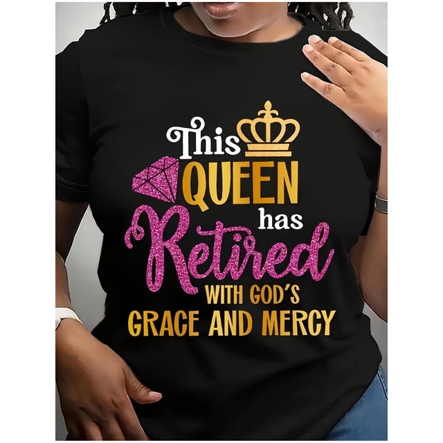 Camiseta gráfica de Reina Jubilada: cuello redondo cómodo, manga corta, top informal de verano para mujer. Idea divertida para regalar en tu jubilación. Corte holgado, tela suave, estampado gráfico, i
