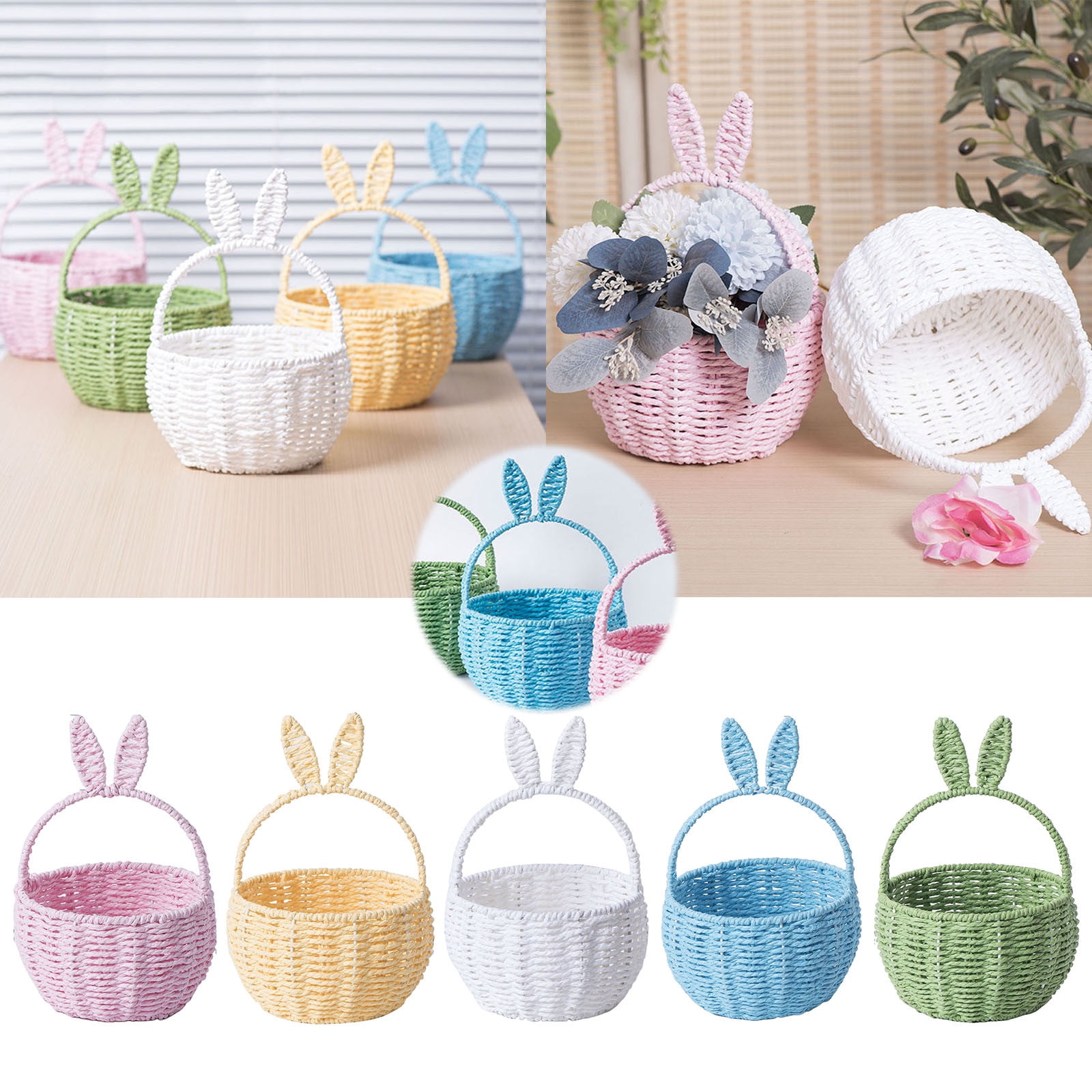 5 Pcs Easter Bunny Basket with Handle Woven Basket Wicker Empty Egg Basket for Easter Decorations Picnic Gift Packing Candy Storage Party Supplies(5 Colors,8 Inch)
