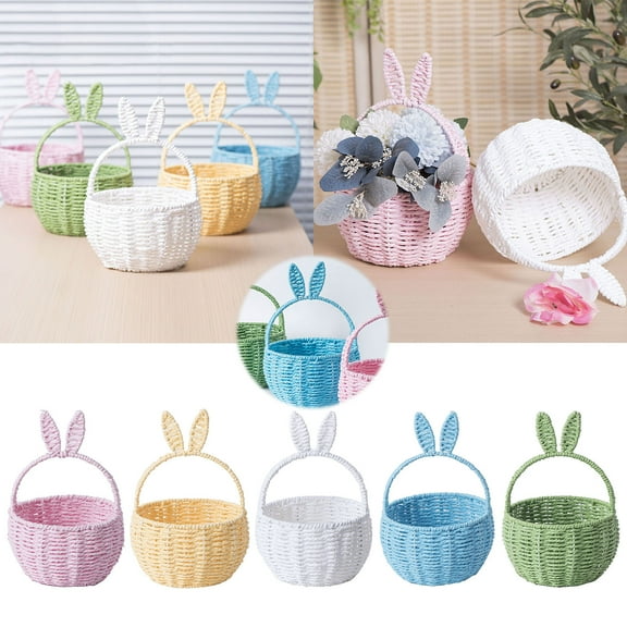 Easter Egg Basket,Cute Bunny Ear Baskets with Handle,Rattan Woven Picnic Flower Basket Storage Bins for Organizing Toys Snack Party Supplies Easter Decorations