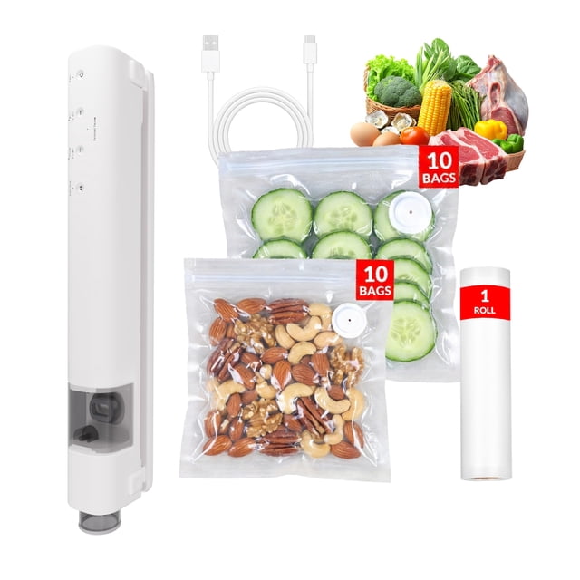 UNICCA Compact Vacuum Sealer for Food, Magnetic Back, 60kPa Powerful Handheld Vacuum Sealer with 20 Reusable Bags & 1 Vacuum Roll Bags