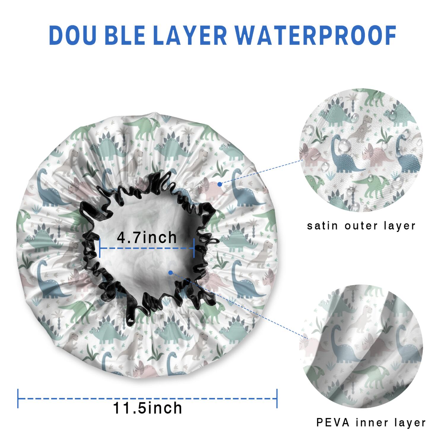 Shower Caps,Light Dinosaurs Pastel Pattern Waterproof Shower Cap for Women 4 Pieces,Double Reusable Hair Cover for Shower PEVA Elastic Stretch Hem