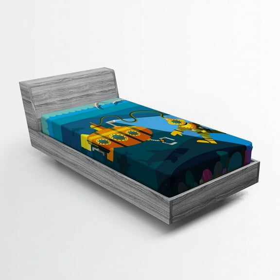 Ambesonne Yellow Submarine Fitted Sheet, Diver Dolphins, Twin Size, Petrol Blue and Ginger