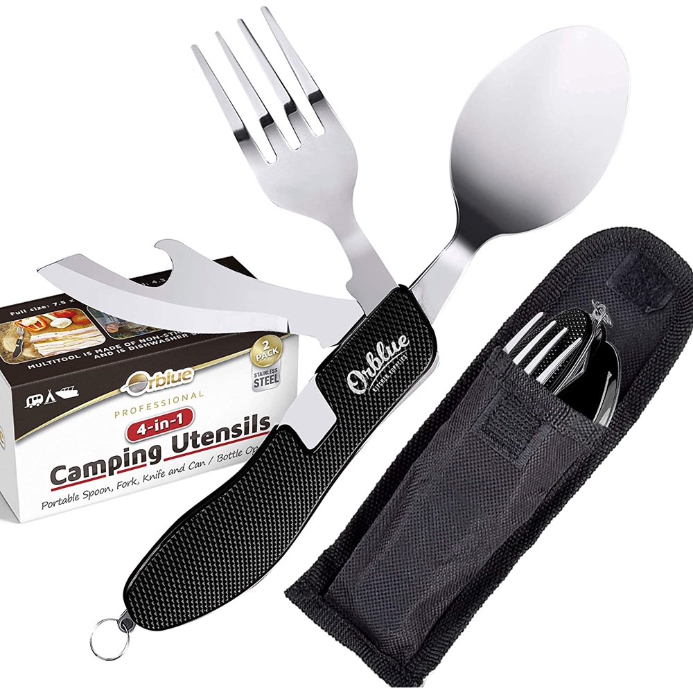 Orblue 4in1 Portable Camping Utensils StainlessSteel Spoon, Fork