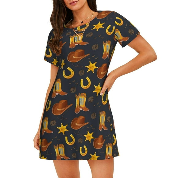 Balery Wild West Golden Horseshoe Pattern Womens Short Sleeve Sleepshirt Scoopneck Cute Nightdress Comfy Nightgown Loungewear Dress