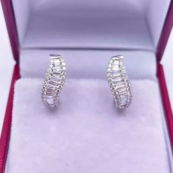 Silver Shop Baguette Cut Cubic Zirconia Huggie Hoop Earrings 14K White Gold Finish