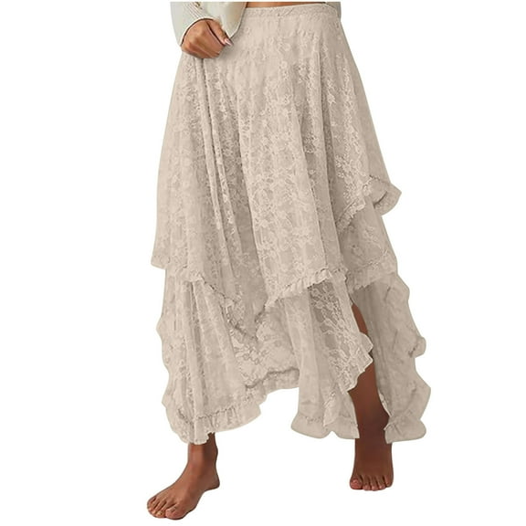 Women Lace Long Skirts 2025 Summer Elastic Asymmetrical Layered Hem Skirts See-Through Beach Floral Maxi Skirt