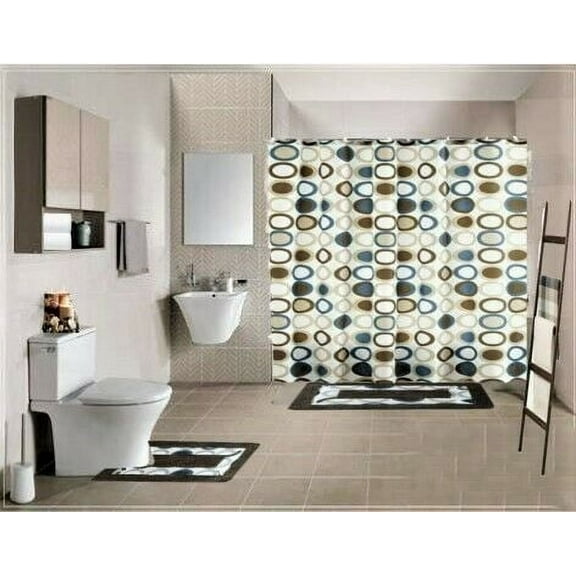 Shower Curtian with rug, mat non slip super soft chenille bathroom set sami brown washable 2 Bath Rug Mat with 1 shower curtain 12 piece hooks covered for bathroom