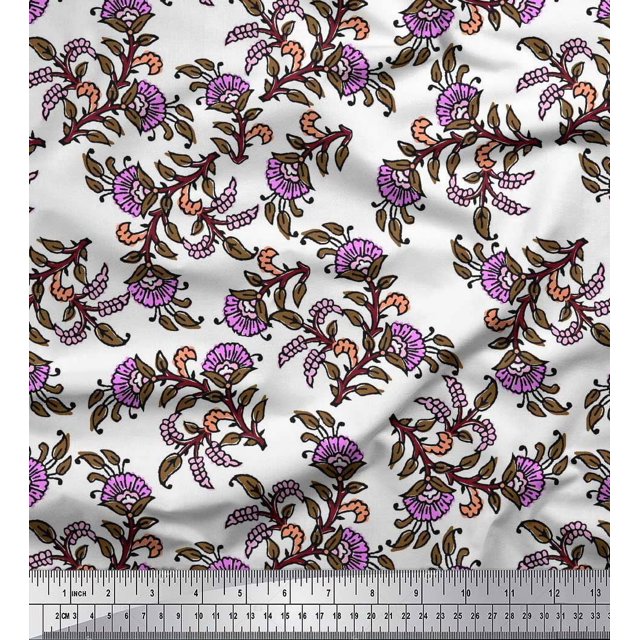 Soimoi Rayon Fabric Leaves & Floral Block Print Fabric by The Yard 56 Inch Wide