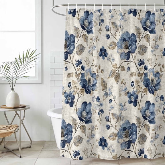 Blue Gray Spring Floral Shower Curtain, Waterproof Shower Curtains for Bathroom, Vintage Botanical Washable Fabric Cloth Bathroom Curtain Set Bathtub Decor with Hook 36''x72''