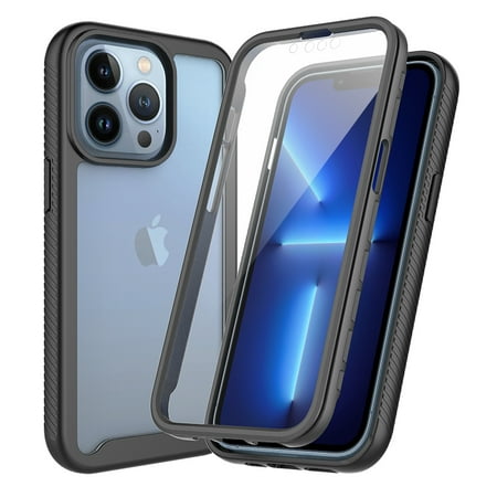 iPhone 13 Pro Max Case with Built in Screen Protector,Dteck Full-Body Shockproof Rubber Hybrid Protection Crystal Clear PC Back Protective Phone Case Cover for Apple iPhone 13 Pro Max,Black