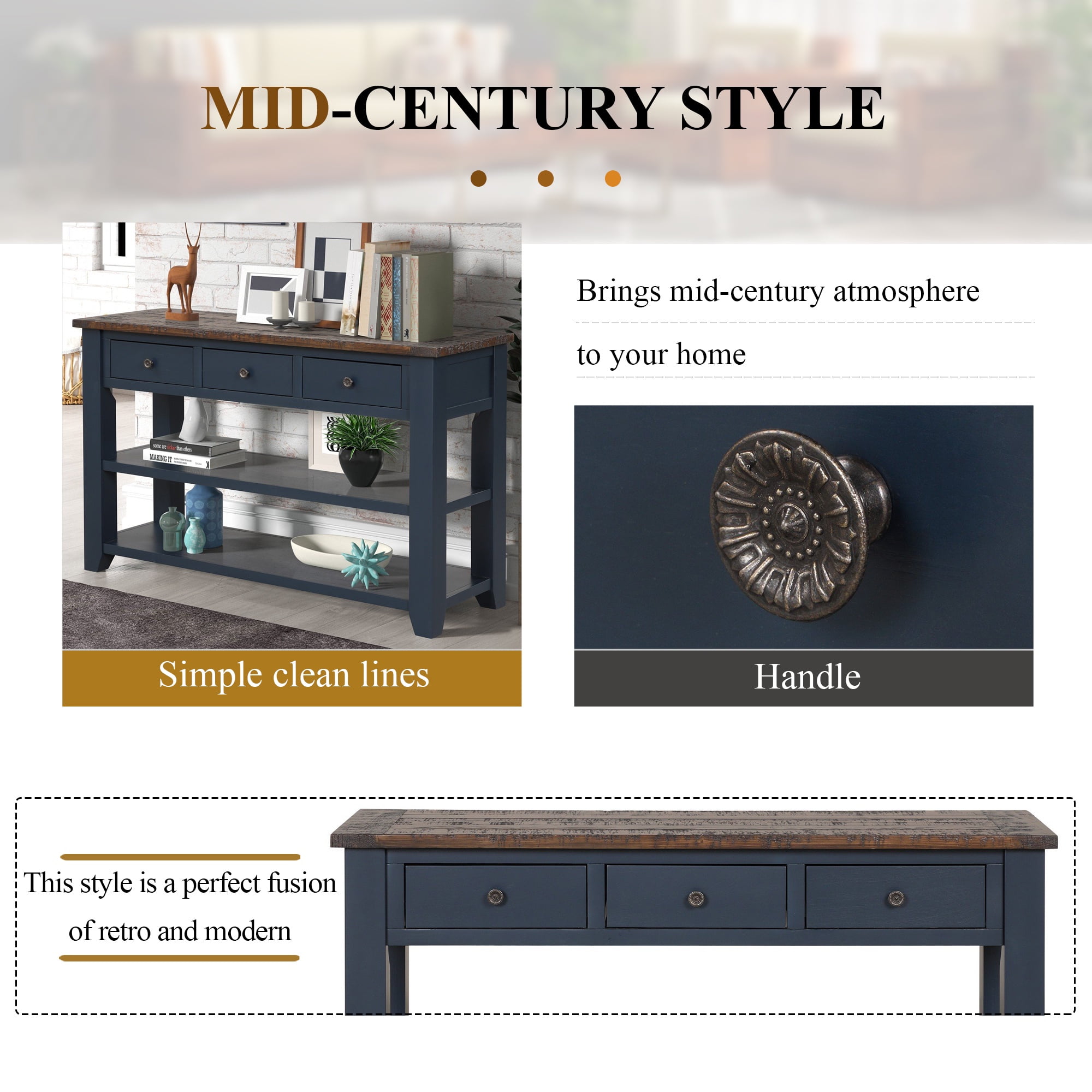 PORKISS Retro Solid Wood Console Table, Entryway Table Hallway Table with 3 Drawers 2 Shelves, Sofa Table for Living Room, Foyer, Blue