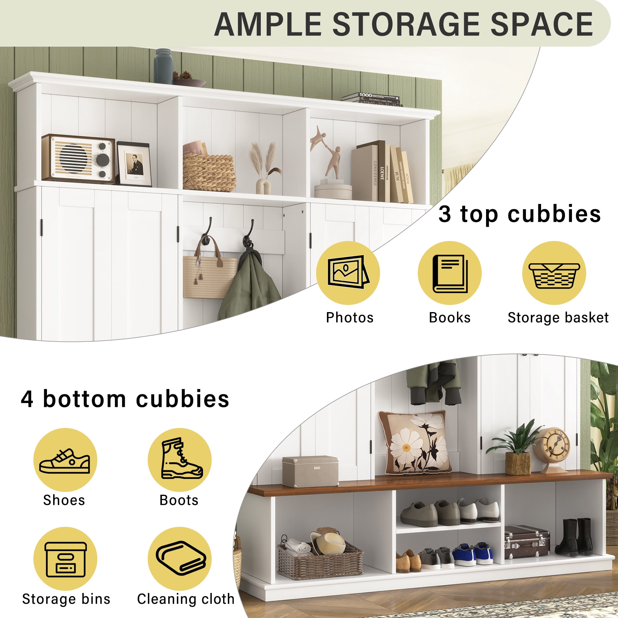 Mintazer 62.2"W Entryway Hall Tree with Coat Rack, Storage Bench & 3 Top Cubbies, Freestanding Shoe Cabinets for Hallway, Mudroom, Bedroom, White
