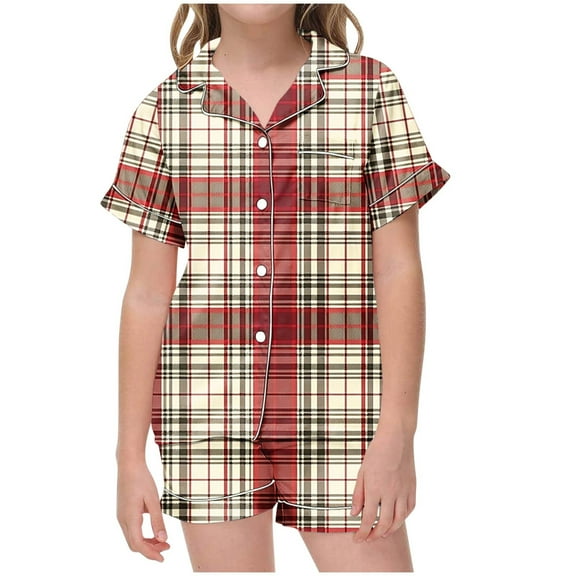 Odeerbi 2-12 Years Toddler Boys Girls Summer Satin Pajamas Notched Lapel Short Sleeve Shirts Shorts Set Soft Loungewear Retro Plaid Print Sleepwear Toddler Boys Girls Clothes