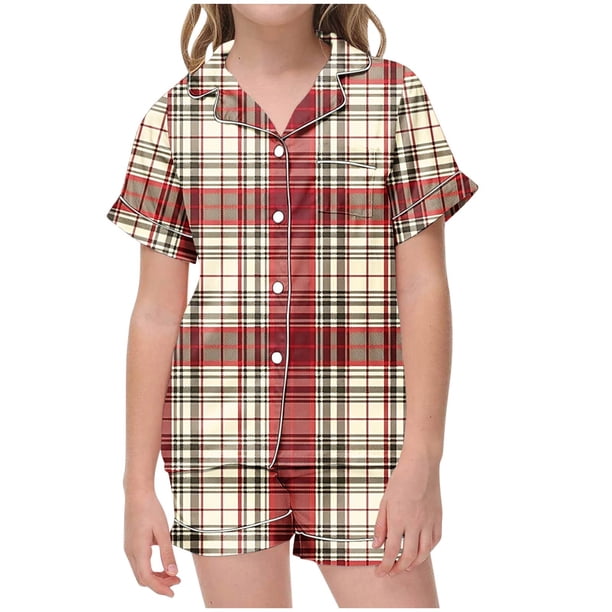 Odeerbi 2-12 Años Niños Niñas Pijama de Verano de Satén Con Solapa de Muesca Camisas de Manga Corta Pantalones Cortos Conjunto Suave Estampado Retro de Cuadros Ropa de Dormir