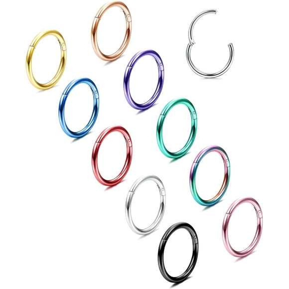10PCS Septum Nose Rings Hoops for Women Men - 16G 18G 316L Surgical Stainless Steel Hinged Clicker Lip Helix Rook Tragus Daith Conch Piercing Jewelry Cartilage Sleeper Earrings Set 8/10/12MM