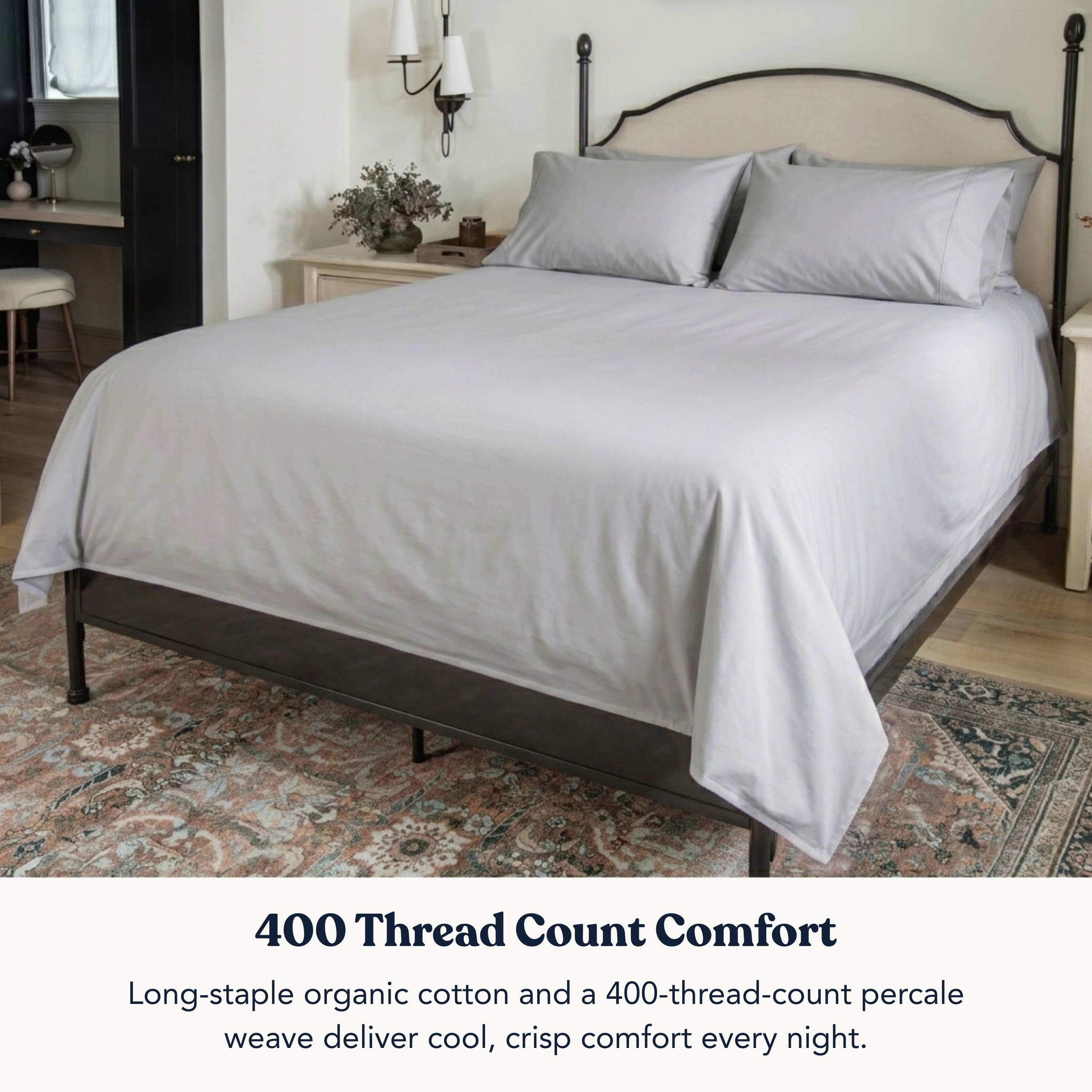 Delara Organic Cotton Percale King Fitted Sheet, 400 TC GOTS Certified, Soft Moisture-Wicking Breathable, Light Grey 78"x80" 17" Deep