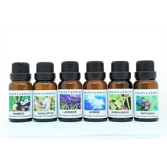 Crazy Candles 6 Bottles Set, 1 Bamboo, 1 Eucalyptus, 1 Jasmine, 1 Lavender, 1 Bergamot, 1 Patchouli 1/2 Fl Oz Each (15ml) Premium Grade Scented Fragrance Oils