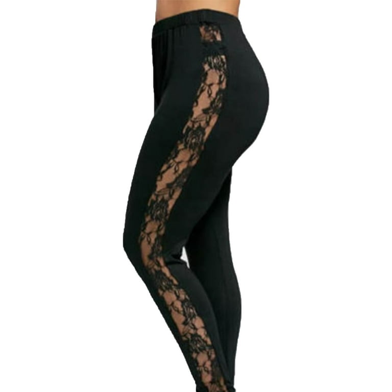 Womens Ladies Floral Lace Side Panel Fashion Cut Out Black Leggings Casual  Fashion See Through Sexy Pants