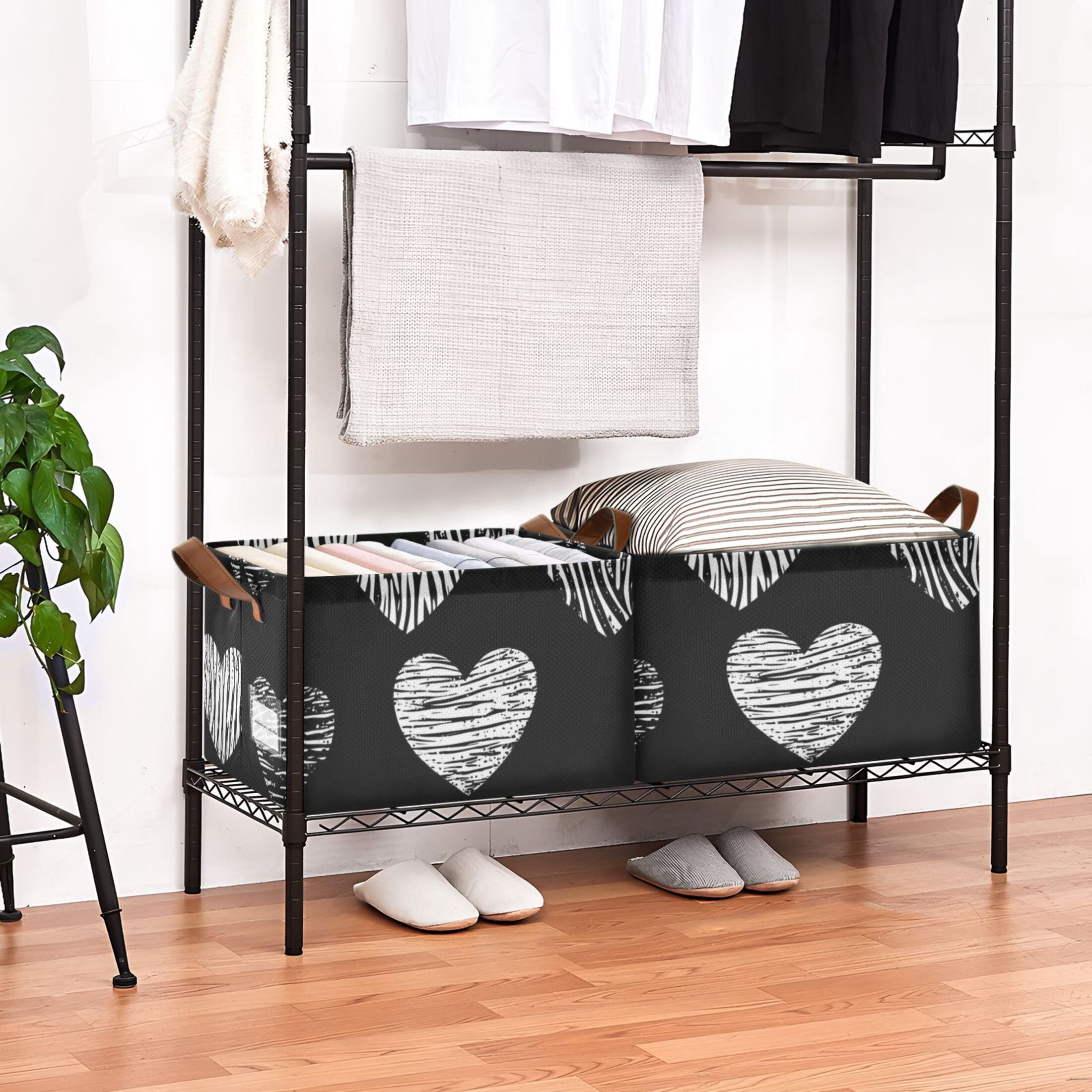 Hearts in Black Foldable Storage Large Fabric Storage Baskets Organizer Storage Bins with Handles for Shelves