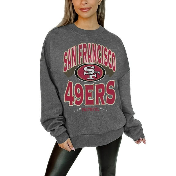 Women's Gameday Couture Charcoal San Francisco 49ers Oversized Long Weekend Premium Fleece Drop Shoulder Pullover