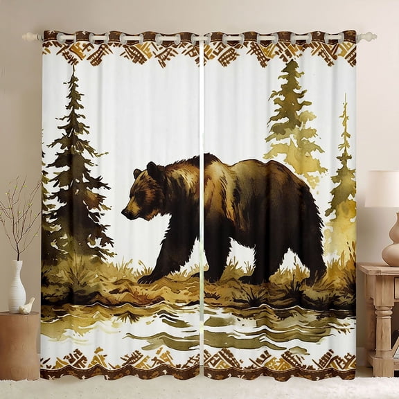 Homewish Wildlife Bear Black Out Curtains for Kids Teens,Jungle Animal Curtains Pack of 2 (42x63 Each),Green Brown Bedroom Curtains,Super Cozy Room Decor
