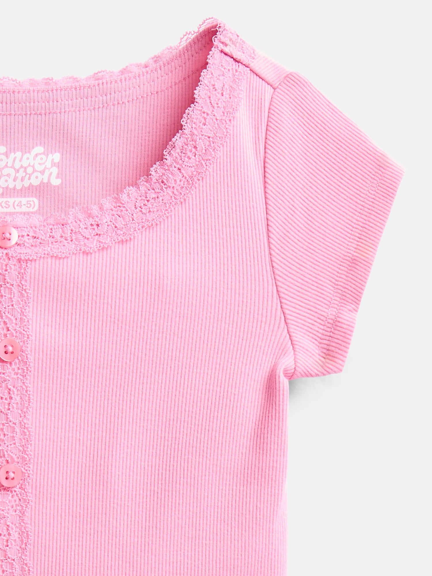 Wonder Nation Girls' Lace and Button Front Top with Short Sleeves, Sizes 4-18 & Plus