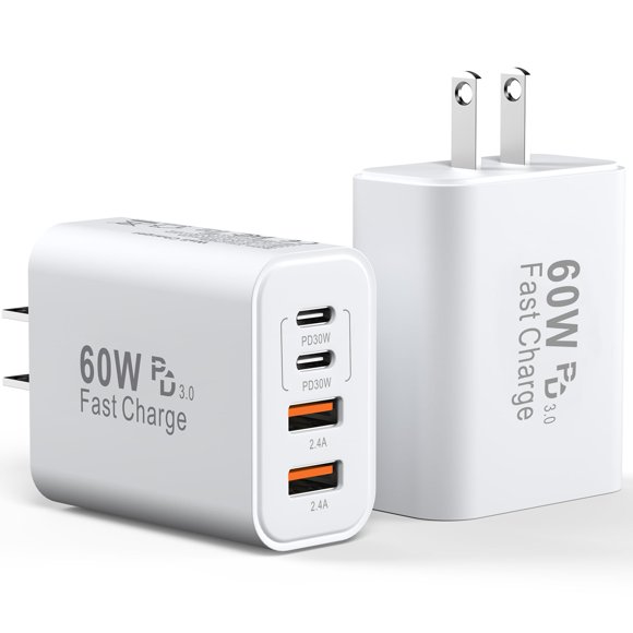 Bloque de carga USB C, 60 W, 4 puertos, tipo C, carga rápida, paquete de 2