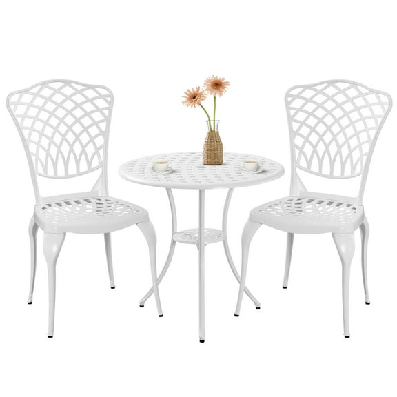 PATIO-IN Outdoor Patio Bistro Set 3 Piece Cast Aluminum Bistro Table and Chairs Set of 2 with 1.97" Umbrella Hole for Garden,Patio,White