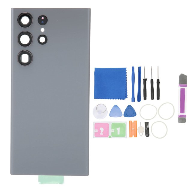 Reemplazo de vidrio de cubierta trasera con kit de herramientas de reparación de lentes de cámara preinstalado para Samsung para Galaxy S23 Ultra gris