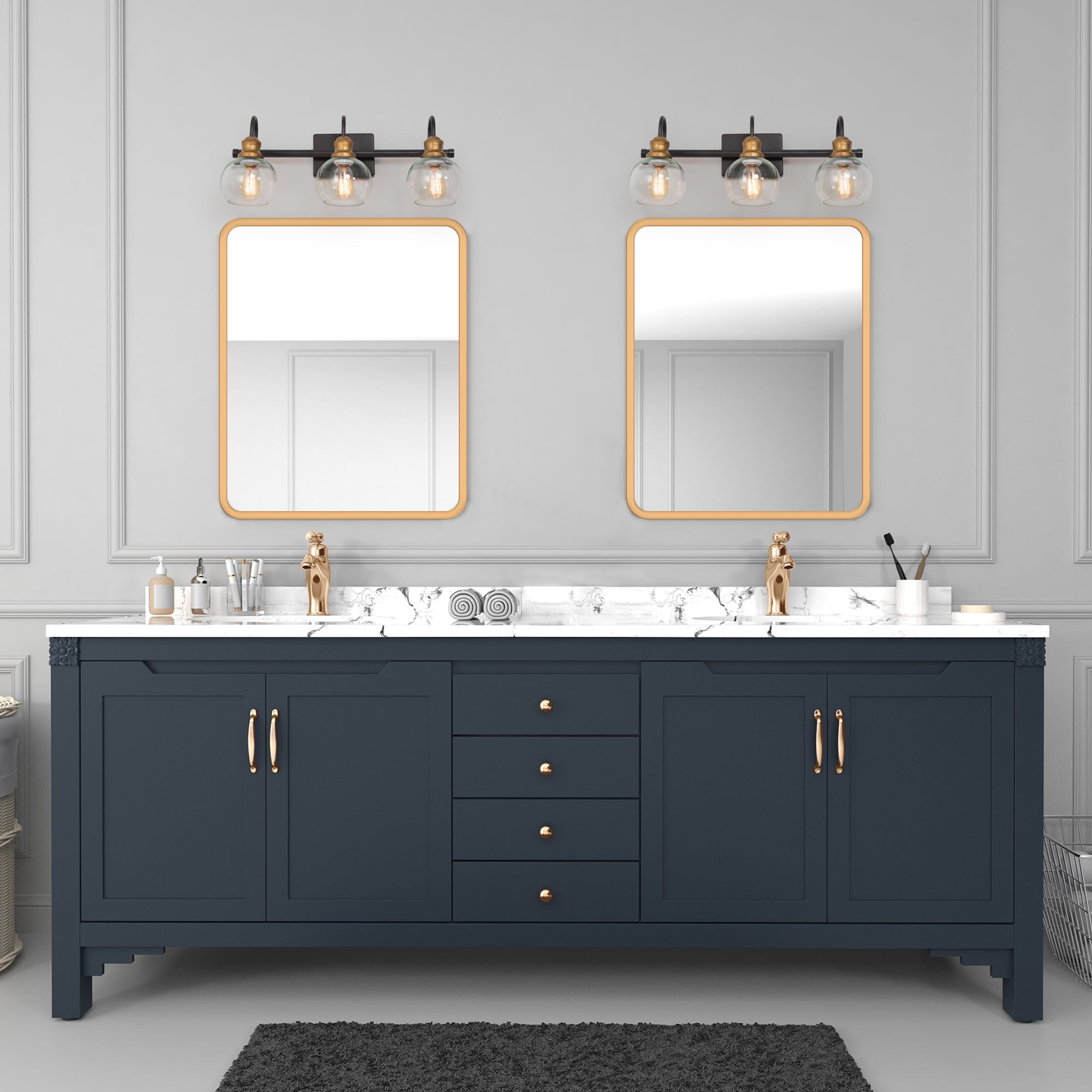 LNC 3-Light Black Round Clear Glass Modern Bathroom Vanity Lighting Fixutre