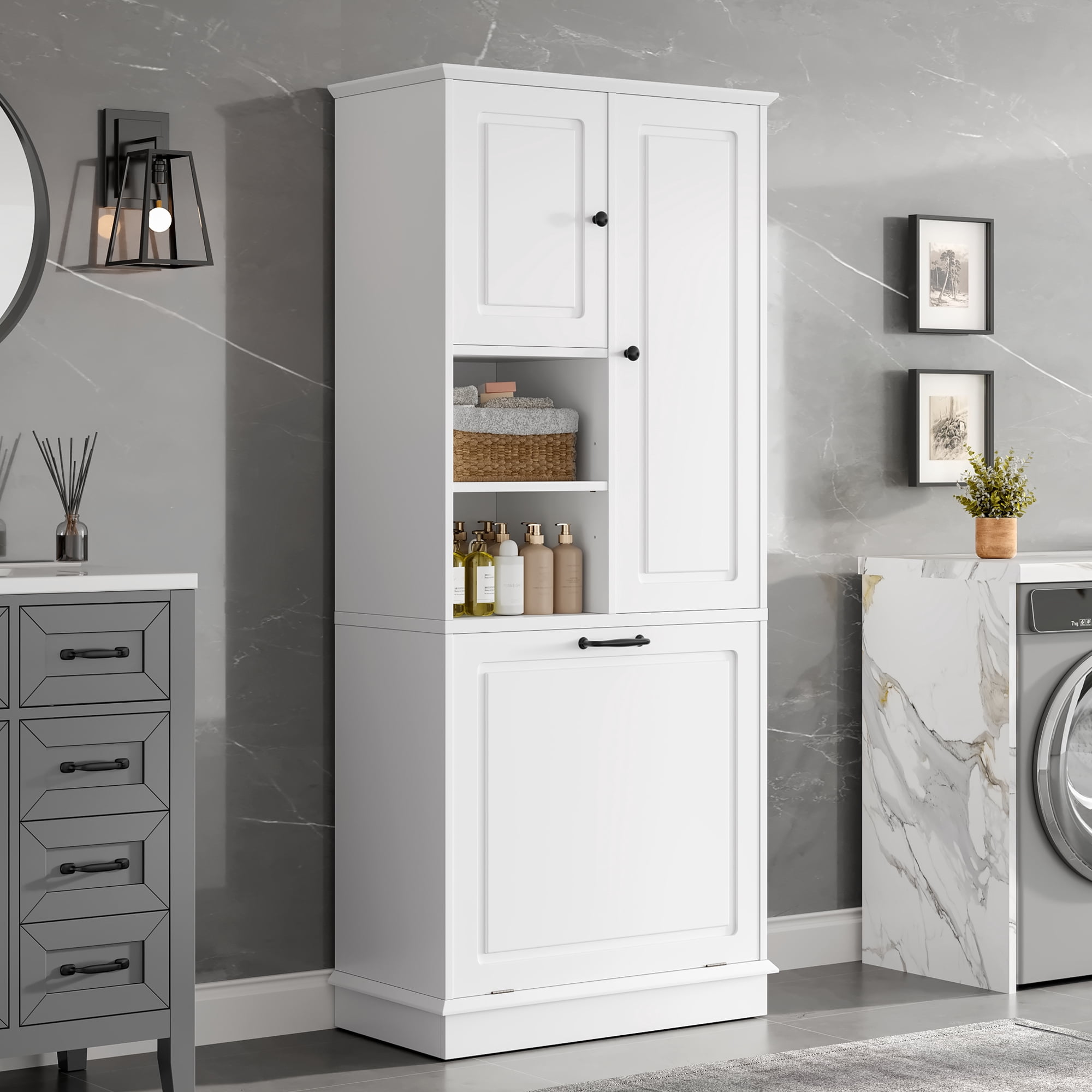 Euroco Tall Storage Cabinet with Adjustable Shelves, Large Flip-Out Basket & Enclosed Cabinets – Perfect for Bathroom, Living Room, or Office, MDF Material with Aluminum Alloy Handles
