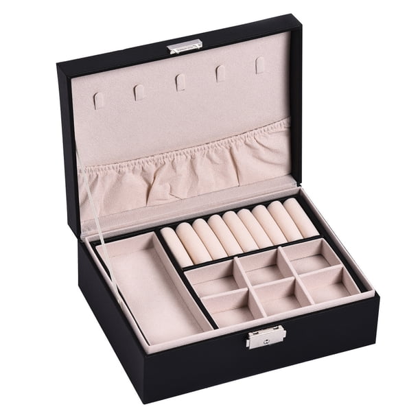 Joyero para mujeres y niñas, caja de almacenamiento de joyas de cuero PU de dos capas para viajes, caja de joyería, caja de joyería, caja de joyería, organizador de joyas grande para