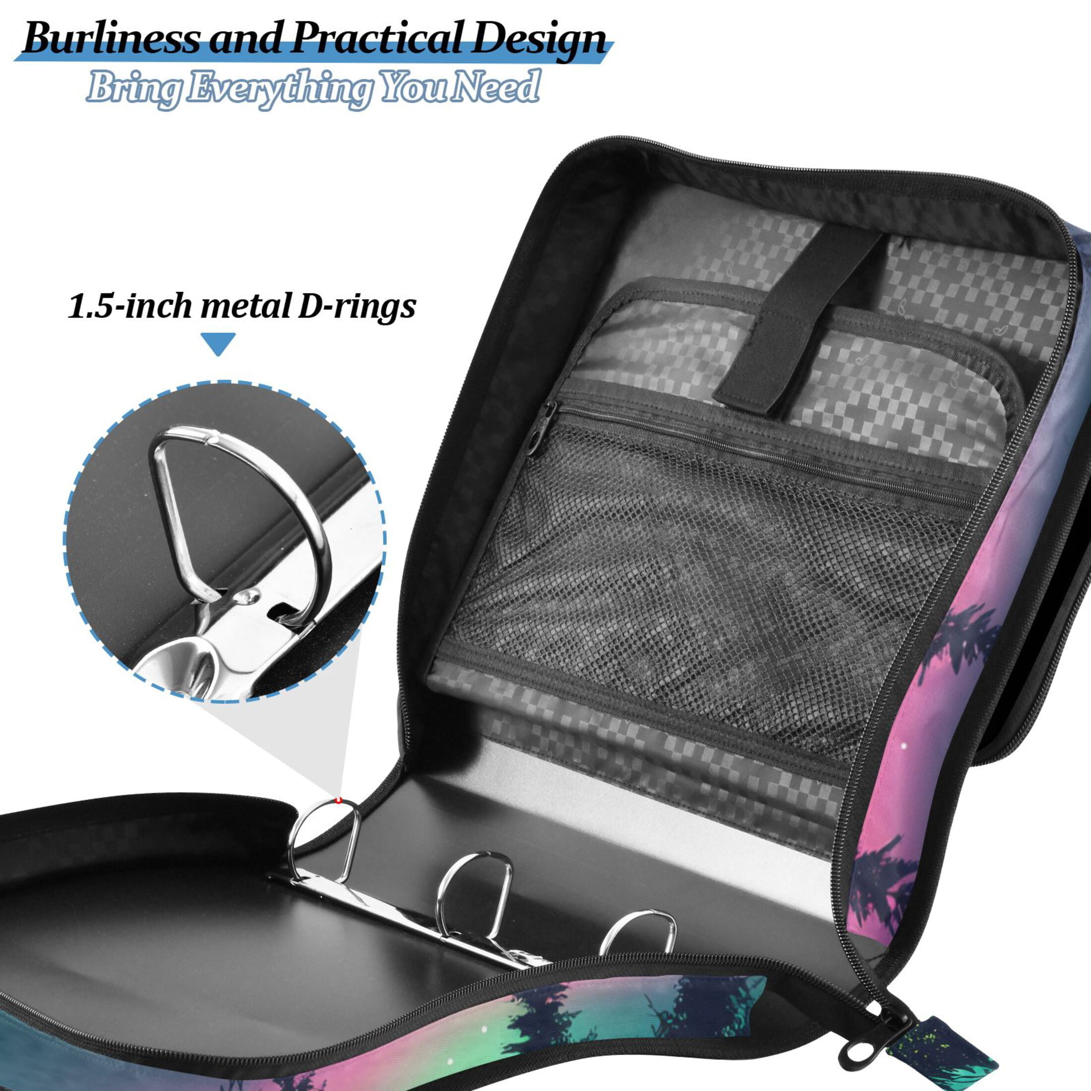 3 Ring Zipper Binder with Shoulder Strap Waterproof Trapper Keeper 2 Inch D-Ring 500 Sheets Capacity Snow Aurora
