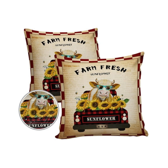 Pack of 2 Outdoor Pillow Covers, Red Plaid Farm Sunflower Cow Vintage Truck Waterproof Square Throw Pillowcase Cushion Decorative Pillow Covers for Couch Patio Tent, 18x18 in