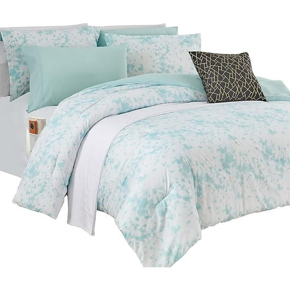 Elegant Comfort Reversible 10-Piece Comforter Set, Tie-Dye Print, Decorative Pillow and Fitted Sheet with Smart Pockets, Soft, Plush, Lightweight Material, 10pc Tie-Dye Set, Queen, Aqua Mint